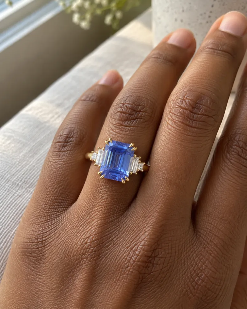 Illustration of a blue sapphire engagement ring, Emerald cut style, worn on a hand.