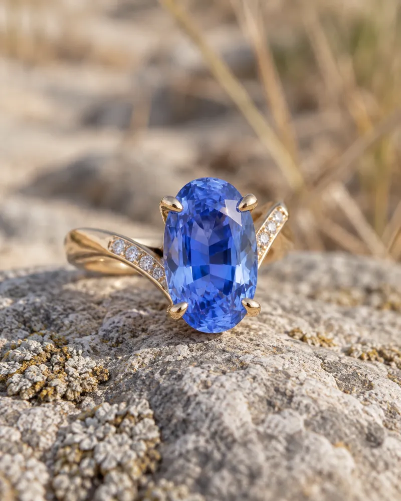 Illustration of a blue sapphire engagement ring, Oval style, resting on a natural surface.