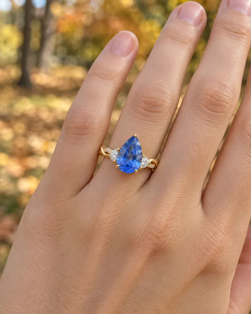 Illustration of a blue sapphire engagement ring, Pear style, worn on a hand.