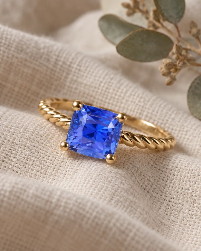 Illustration of a blue sapphire engagement ring, Princess style, resting on a natural surface.