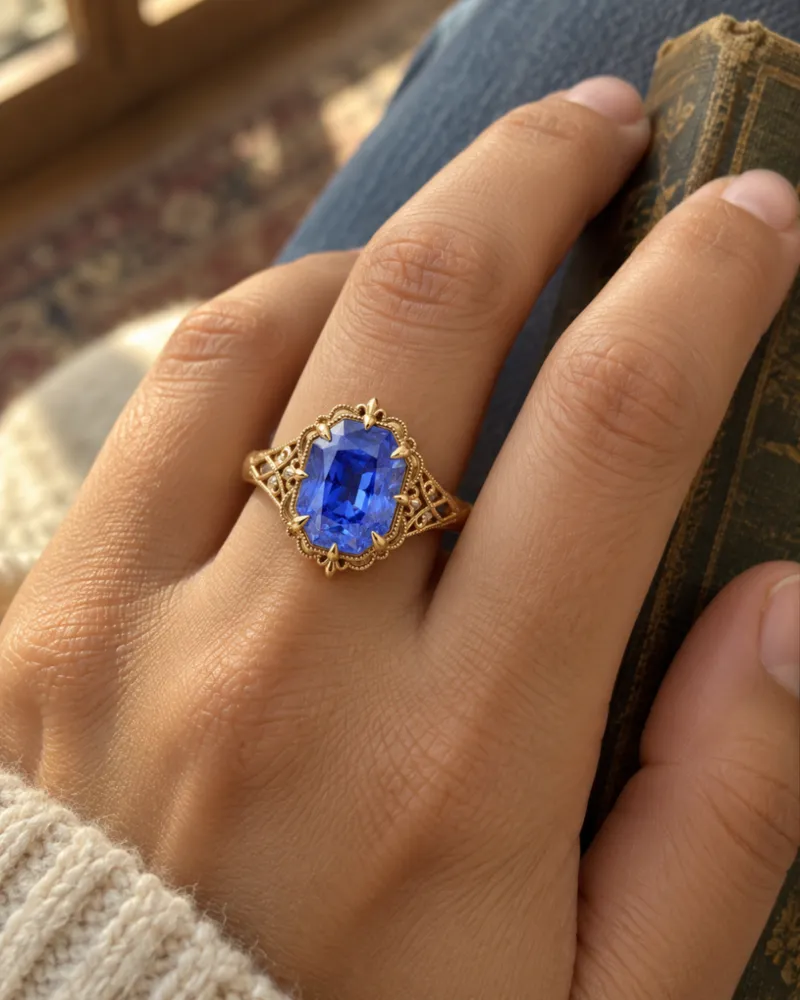 Illustration of a blue sapphire engagement ring, Vintage style, worn on a hand.